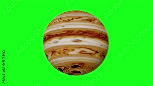 3D animation of the planet Jupiter with distinctive brown and white bands and swirling storms, rotating smoothly and isolated on a vivid green chroma key background. Perfect for astronomy explainers, 