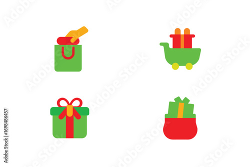 Four festive gift icons green red yellow shopping bag present cart vector
