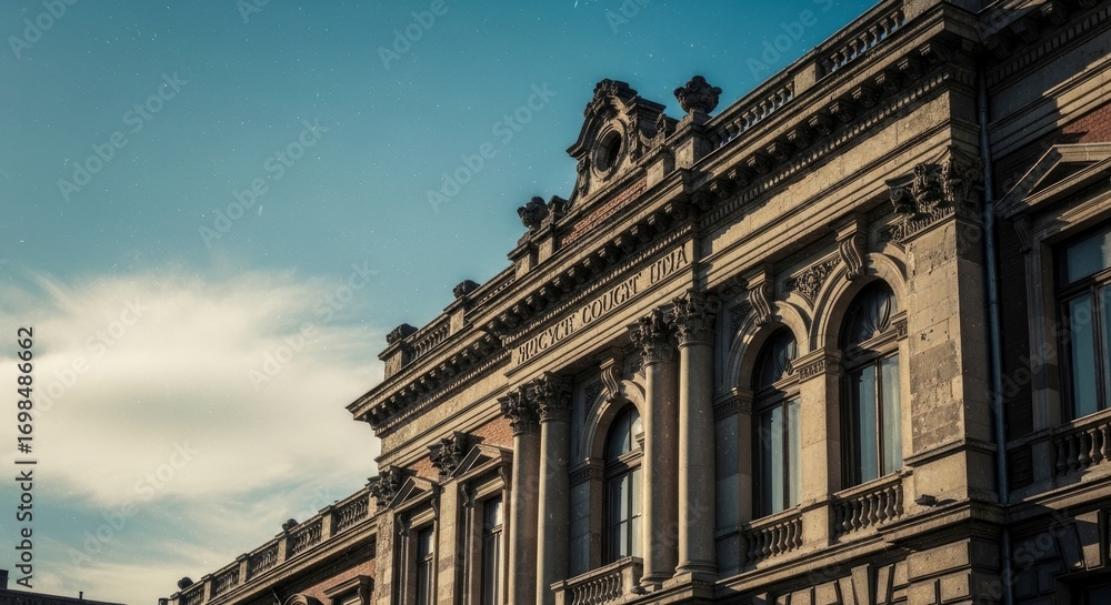 Obraz premium Ornate classical architecture under a textured sky, evoking vintage grandeur and historical charm with intricate details and majestic columns.