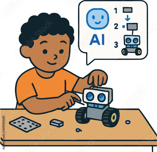 Kid assembling a small robot kit while an AI tutor bubble offers the next step illustration