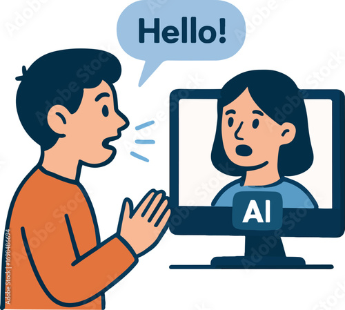 Language learner repeating phrases to an AI avatar who mouths the words back illustration