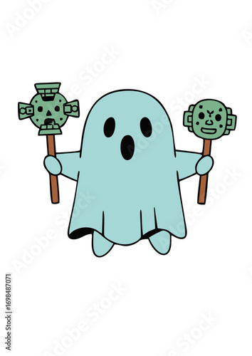 Cute blue ghost holding double spiked maces in both hands, fantasy warrior character