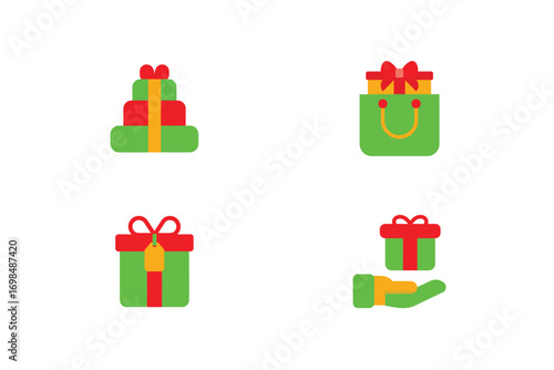 Four flat design gift icons red green yellow ribbons present holiday