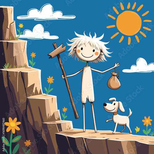 Young boy hiking with dog on a sunny day in a colorful landscape. Major Arcana Tarot 0 Jester   