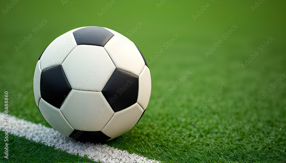 Fototapeta premium Black and white soccer ball on green grass field near white boundary line, football equipment