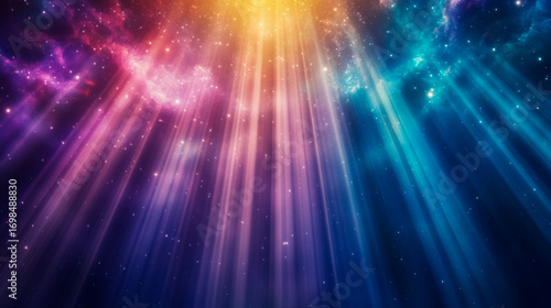The glorious light of heaven shining through a colorful cosmic galaxy background.