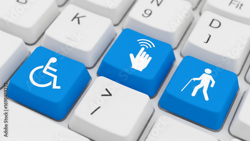 Computer keyboard with accessibility and user interaction icons on blue keys