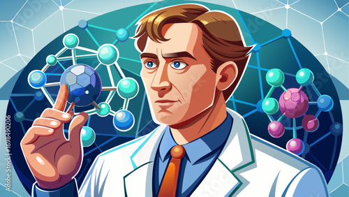 Close-up portrait of male nanotechnology researcher holding a molecular model. Isolated white background emphasizes science, innovation, and future materials.
