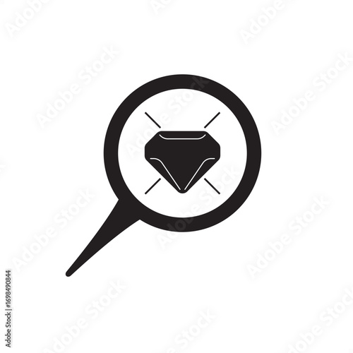 Minimalist vector icon of value investing concept with diamond inside magnifying glass, symbolizing market research, asset selection, and long-term wealth growth for finance and investment themes.