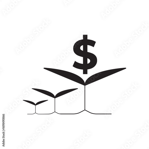 Minimalist vector illustration of growth investing concept with dollar plant sprouting from soil, symbolizing wealth expansion, financial planning, and long-term profit in stock market and business.
