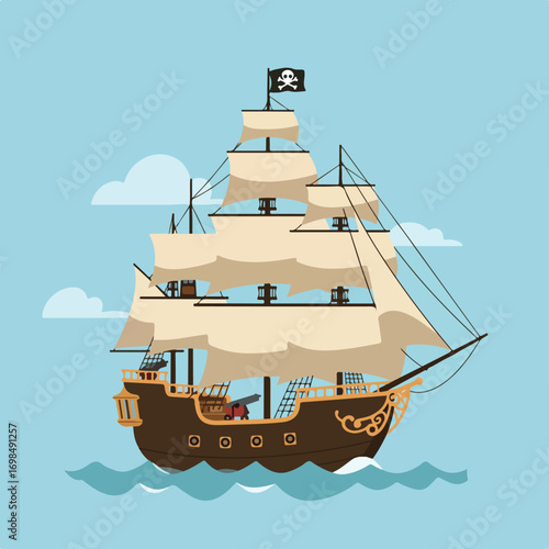 Cartoon pirate ship sailing with Jolly Roger flag on calm waters