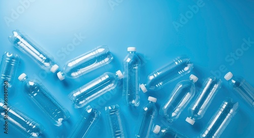 Clear plastic water bottles scattered on a vibrant blue background, symbolizing plastic waste and the urgent need for recycling and environmental p...