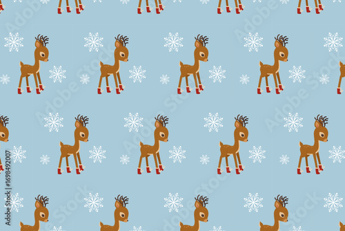 Christmas Reindeer Seamless Pattern swatch available in swatches panel, Cute Holiday Winter Design with Snowflakes and Deer