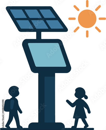 Solar-powered tablet kiosk icon tablet + sun panel illustration