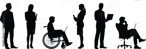 Silhouettes of diverse business professionals including wheelchair user, working with laptops, documents, standing and sitting, teamwork, inclusion, office environment