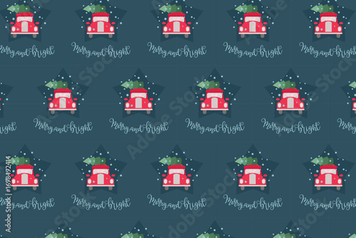 Christmas Red Car Seamless Pattern, Santa Truck, swatch available in swatches panel, Festive Holiday Winter Design with Merry and Bright Text