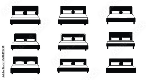 various bed designs shown in simple black and white illustrations