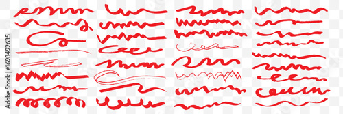Red hand drawn brush strokes set. Sketched doodle scrawl lines collection. Zig zag, wavy, squiggle scribble stripe pack. Red marker note sign bundle for mark, emphasis, accent, highlight. Vector