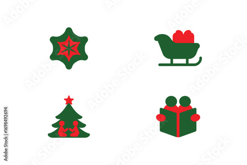 Green red Christmas icons snowflake sleigh tree gift box star