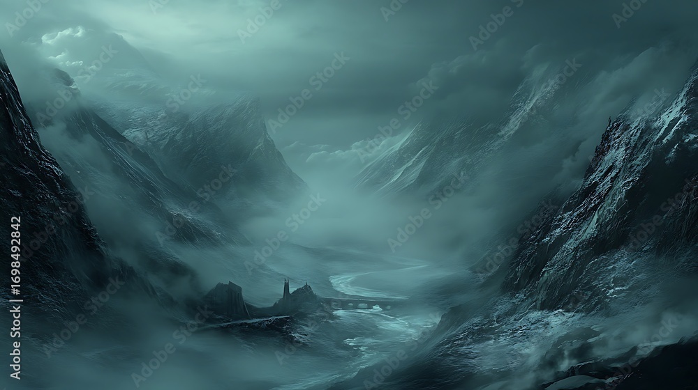 Obraz premium A lone figure stands in a misty mountain valley, surrounded by towering peaks and turbulent waters, creating a sense of isolation and wonder