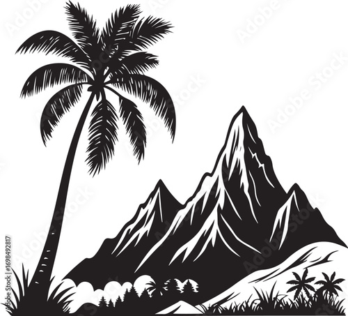 Silhouette of a palm tree with a dramatic mountain range
