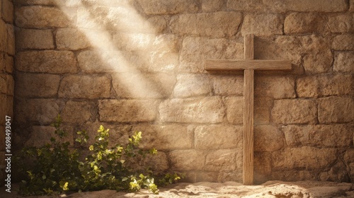Easter Holiday Wooden cross of faith in divine light worship background footage.