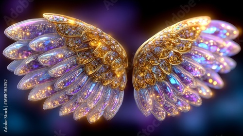 Fantasy angel wings of sparkling crystal and gold on a magical background.