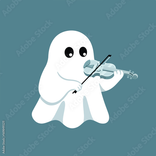 Musical ghost playing a light blue violin on light blue background