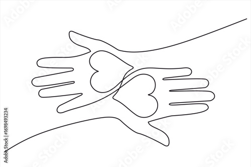 Continuous one line drawing. Abstract hands woman and man holding heart. Hand drawn one line vector. Editable stroke