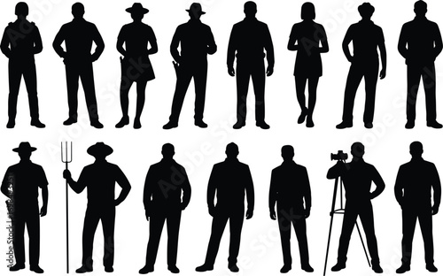 Silhouettes of men and women standing in different poses, diverse professions, confident stances, teamwork, unity, human figures, concept background