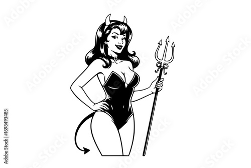 Halloween Pin-Up Girl Devil SVG – Vintage Pinup Girl in Devil Costume Illustration, Sexy Halloween T-Shirt Design for Cricut and Silhouette Cutting Machines