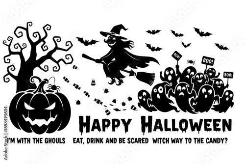 Funny Halloween Shirt Design SVG – Happy Halloween Vector with Pumpkin, Witch, Ghost, Spooky Elements and Humorous Halloween T-Shirt Quotes for Cricut and Silhouette Cutting Machines