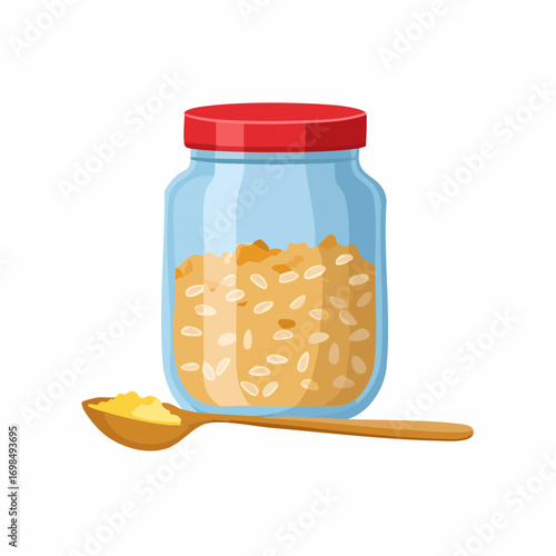 Oatmeal or granola flakes in glass jar with spoon. Healthy cereal breakfast icon. Oat snack, delicious snack.