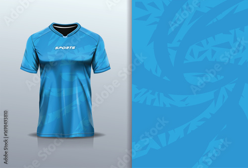 Sport jersey design template mockup curve line for football soccer, racing, running, e sports, blue sky color