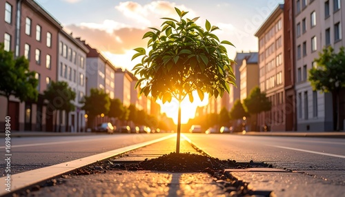 Fototapeta Naklejka Na Ścianę i Meble -  Small tree in city street at sunset