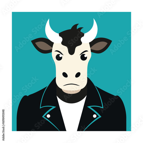 Cow Character in a Black Leather Jacket Keywords: cow, animal, character, illustration