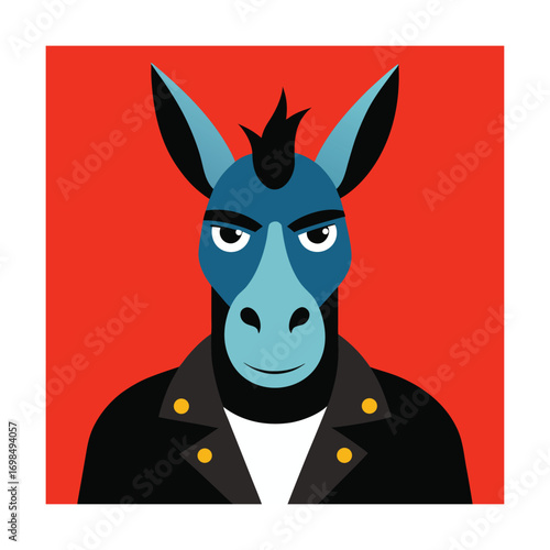 Anthropomorphic donkey wearing a black leather jacket