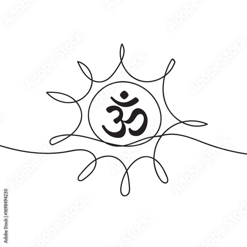 Indian sacred sound Om or Aum against the sun. Symbol of the divine triad of Brahma, Vishnu and Shiva. Sign of the ancient mantra.