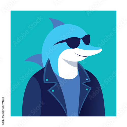 Anthropomorphic dolphin wearing sunglasses and a jacket