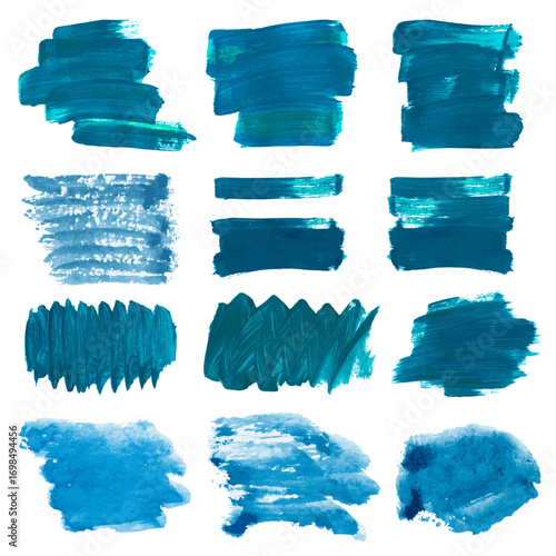Set blue paint brush strokes, hand drawn. collection vector abstract gradient turquoise lines and blots on white isolated background