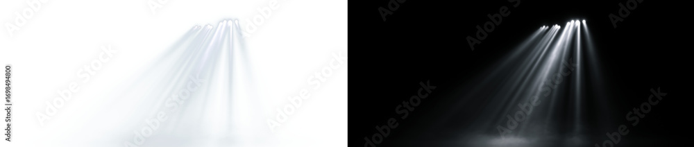 Fototapeta premium Volumetric white light rays shining down. Cinematic god rays or divine spotlight effect isolated on a transparent background for spiritual or stage design.