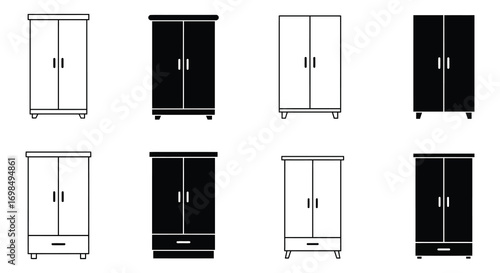 various styles of black and white wardrobes displayed neatly