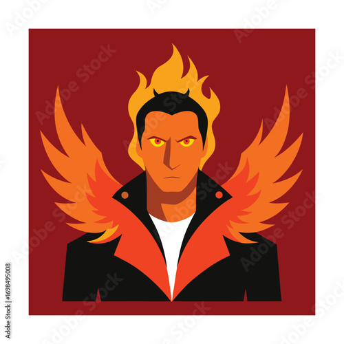 Fiery Man with Wings and Horns in a Jacket devil demon