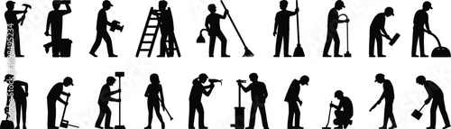 Silhouettes of construction and cleaning workers using tools, ladder, hammer, broom, maintenance staff, professional labor, work team, diverse occupations, manual labor