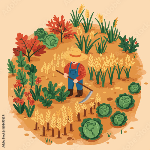 Cartoon of a farmer harvesting crops in a field