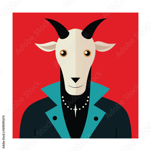 Goat Character in a Stylish Jacket and Necklace Keywords: goat, animal, cartoon, illustration