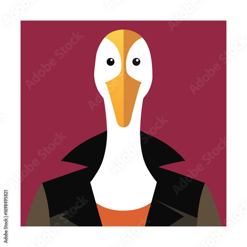 Goose Wearing a Leather Jacket and T-shirt Keywords: goose, bird, animal, cartoon, illustration