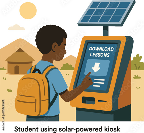 Student using a solar-powered kiosk to download lessons in an off-grid village one hand tapping illustration