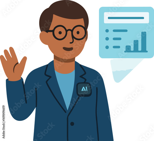Teacher wearing an AI-auto-tracking lapel cam gesturing while small hologram of slides floats beside them illustration