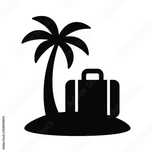 Tropical Island Travel Icon – Silhouette Vector with Palm Tree and Suitcase for Vacation, Holiday, and Tourism Concepts